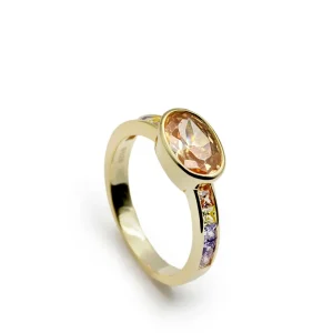 Anillos Dorados | Anillos Con Piedras | LINEARGENT Anillo con piieza central oval y circonitas en tonos naranjas y morados