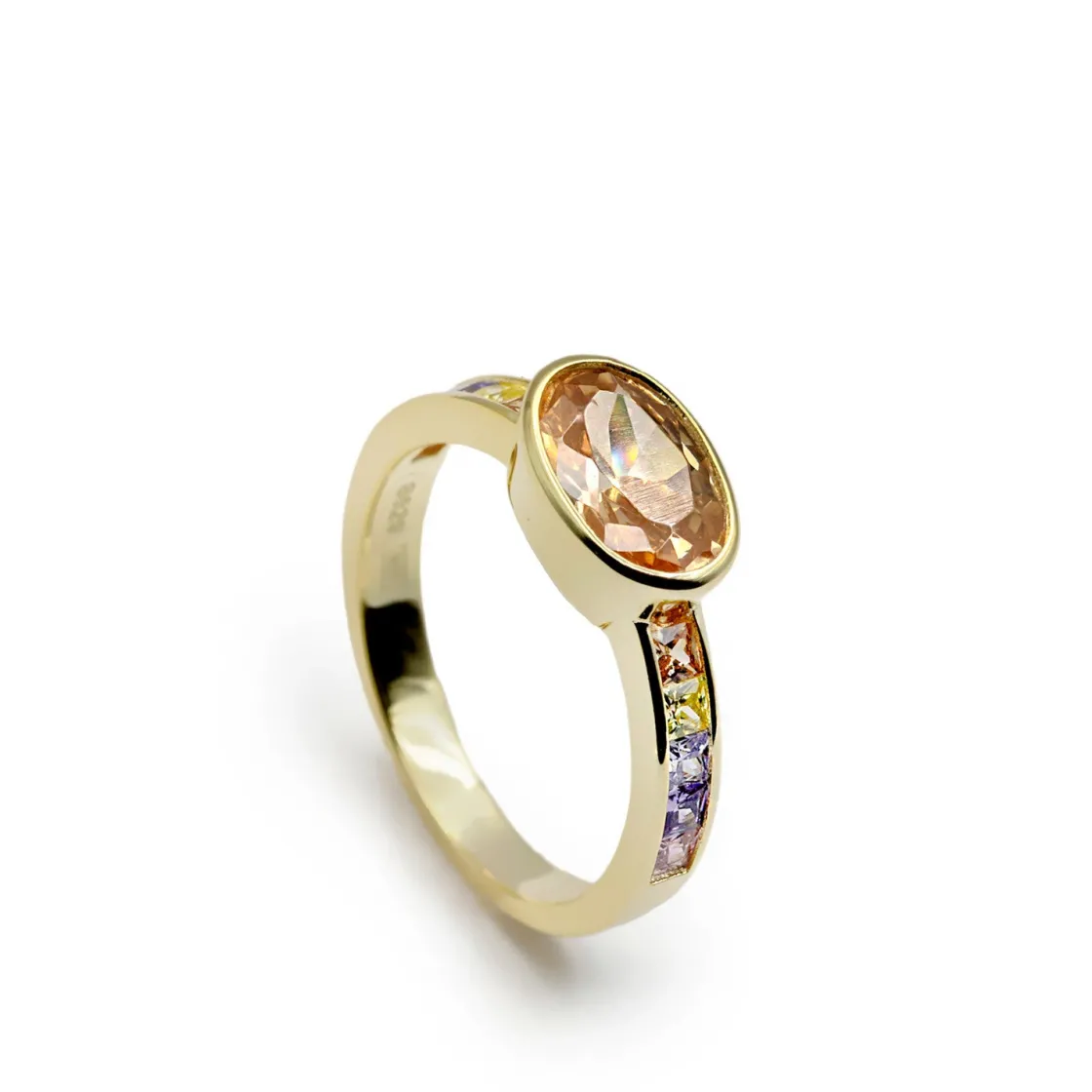 Anillos Dorados | Anillos Con Piedras | LINEARGENT Anillo con piieza central oval y circonitas en tonos naranjas y morados