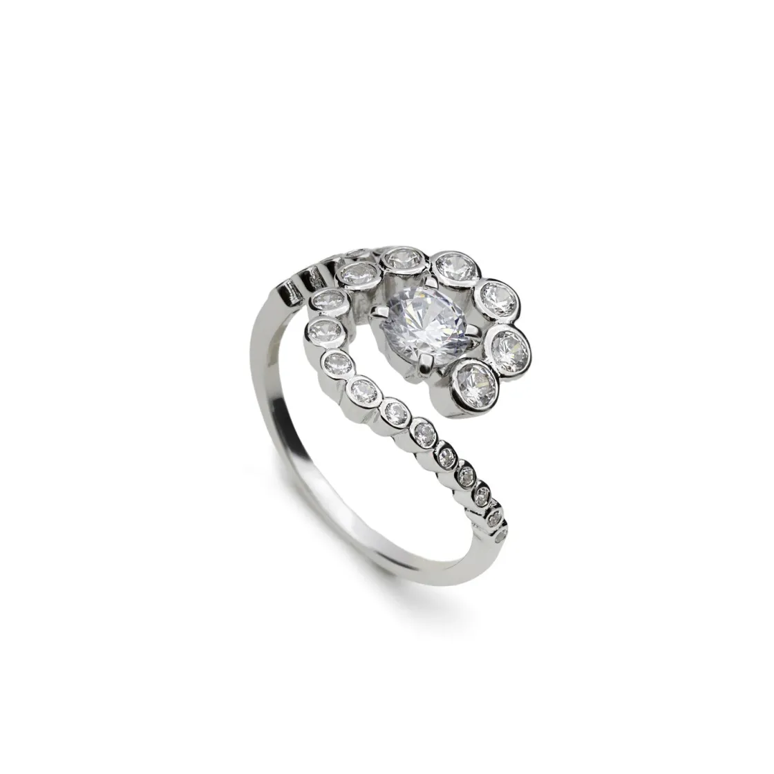 Anillos De Diseño | Anillos Circonitas | LINEARGENT Anillo de plata espiral con circonita central y en su contorno