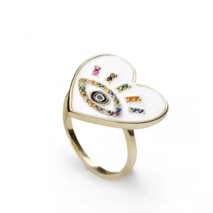 Anillo Sello | LINEARGENT Anillo esmalte diseño de corazón y ojo de circonitas