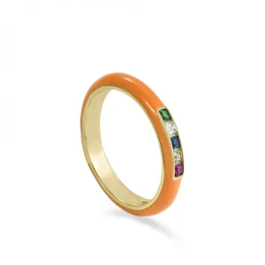 Anillos Pequeños | Anillos Con Piedras | LINEARGENT Anillo esmalte naranja diseño cuarzos adamantinos multicolores