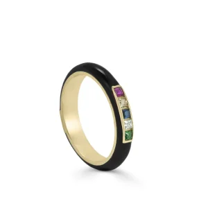 Anillos Pequeños | Anillos Con Piedras | LINEARGENT Anillo esmalte negro diseño cuarzos adamantinos multicolores
