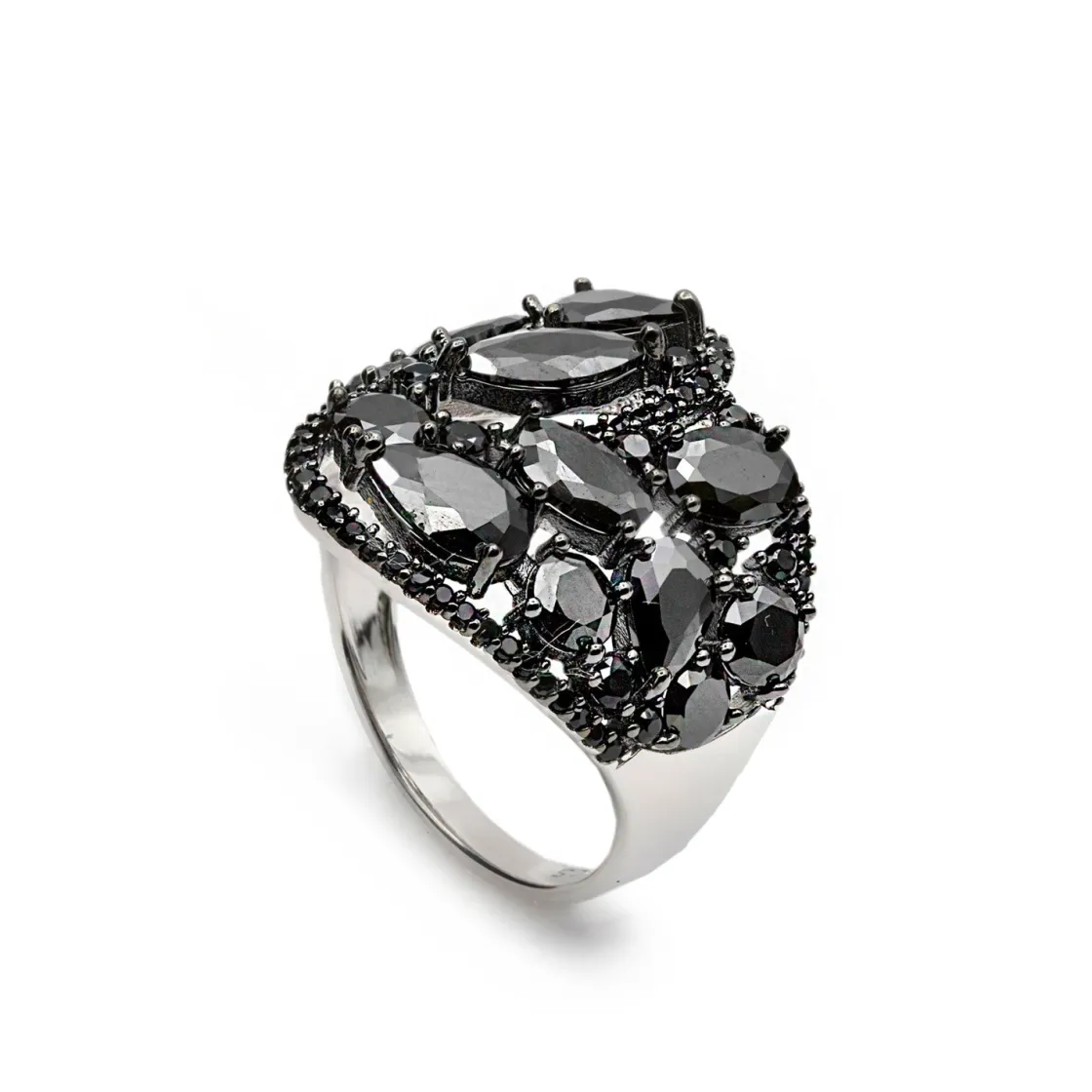 Anillos Con Piedras | Anillos Grandes | LINEARGENT Anillos anchos con circonitas negras y motivo floral