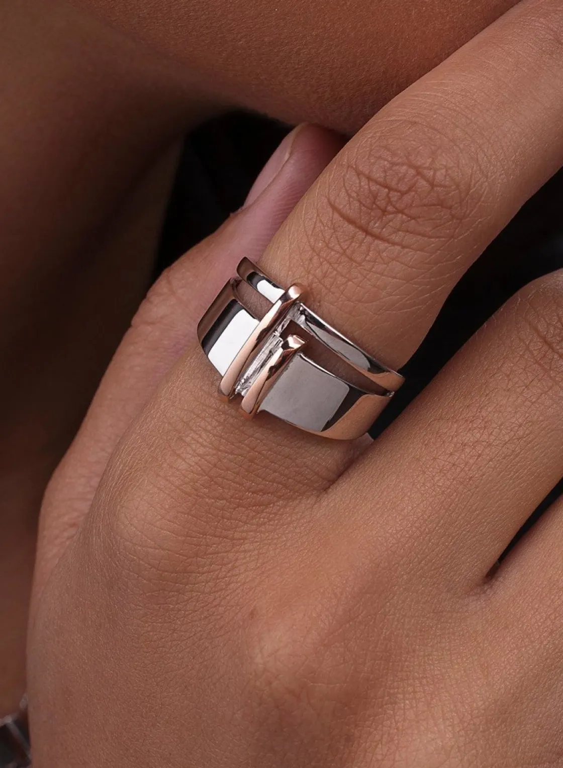 Anillos Bicolor | LINEARGENT Anillos anchos de plata lisa diseño bicolor en rosa