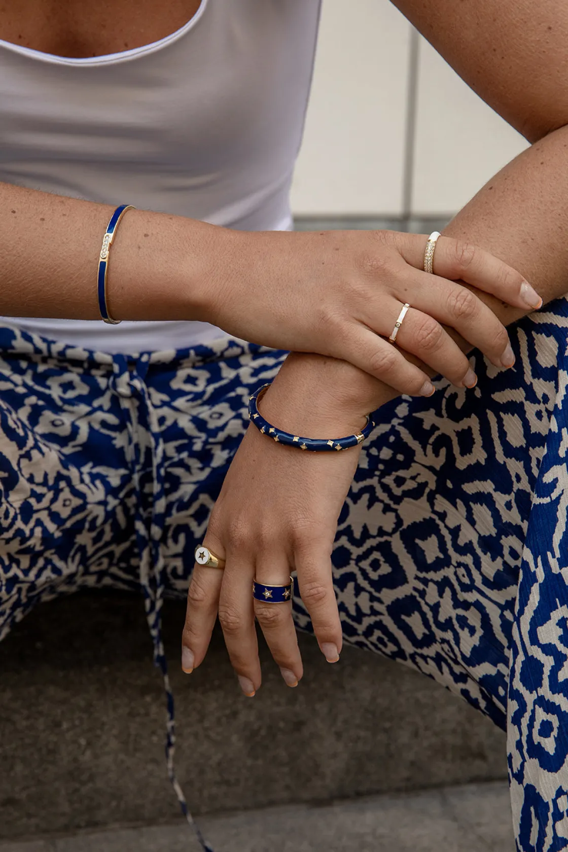 Anillos Anchos | LINEARGENT Anillos anchos diseño de estrellas con esmalte azul