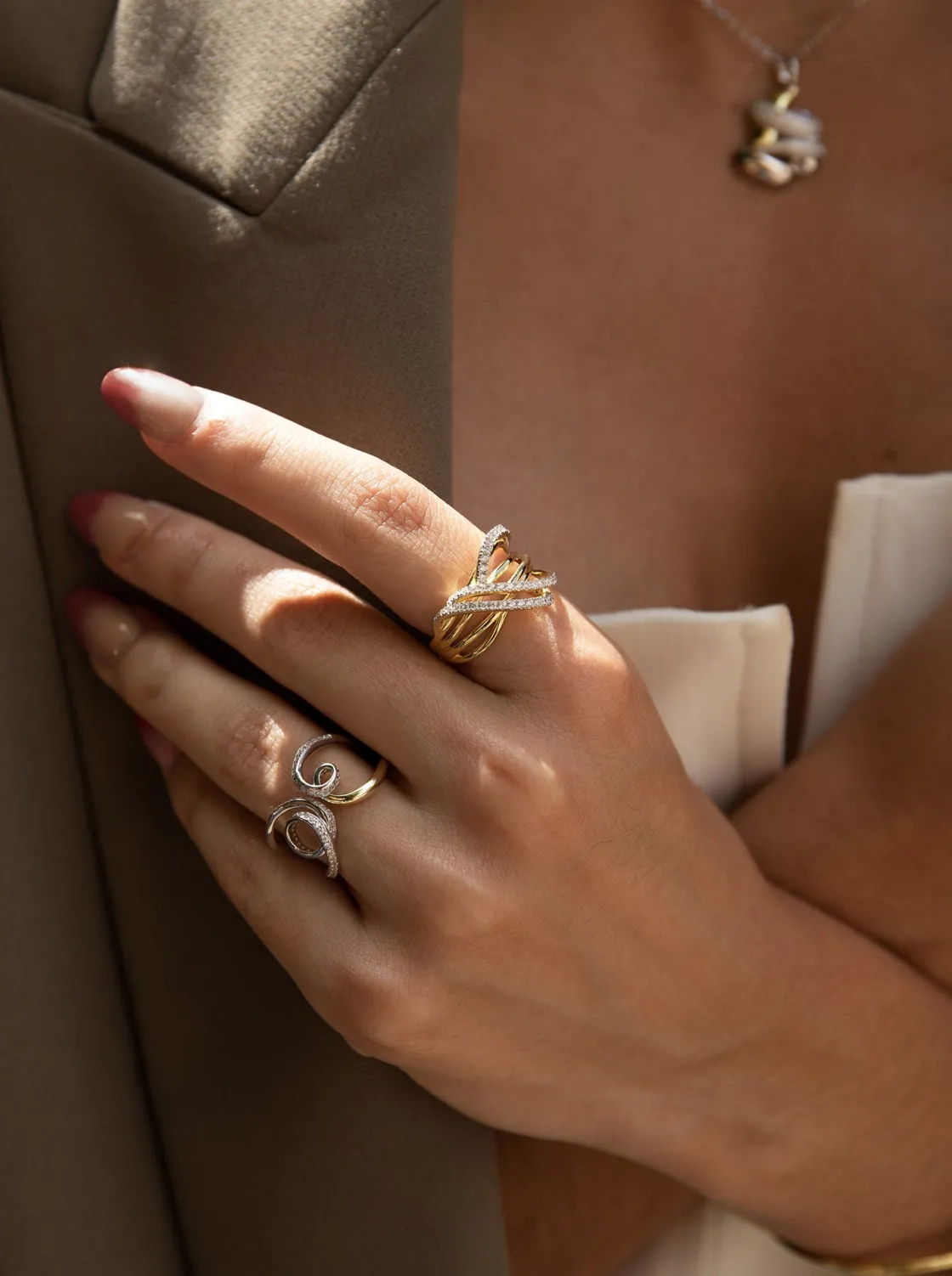Anillos Bicolor | LINEARGENT Anillos bicolor de plata diseño tirabuzones con circonitas