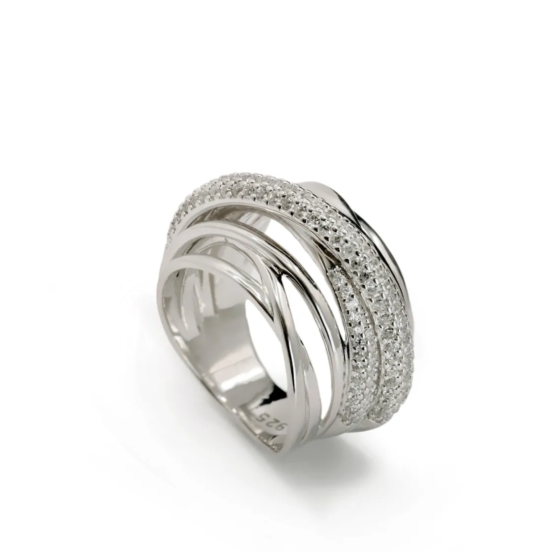 Anillos Grandes | LINEARGENT Anillos circonitas de plata con varios raíles de circonita y plata lisa