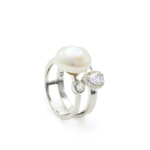 Anillos Con Perlas | LINEARGENT Anillos con perlas diseño doble con cuarzo adamantino