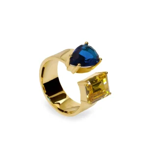 Anillos Dorados | Anillos Con Piedras | LINEARGENT Anillos con piedras diseño abierto en tonos azurita y citrino