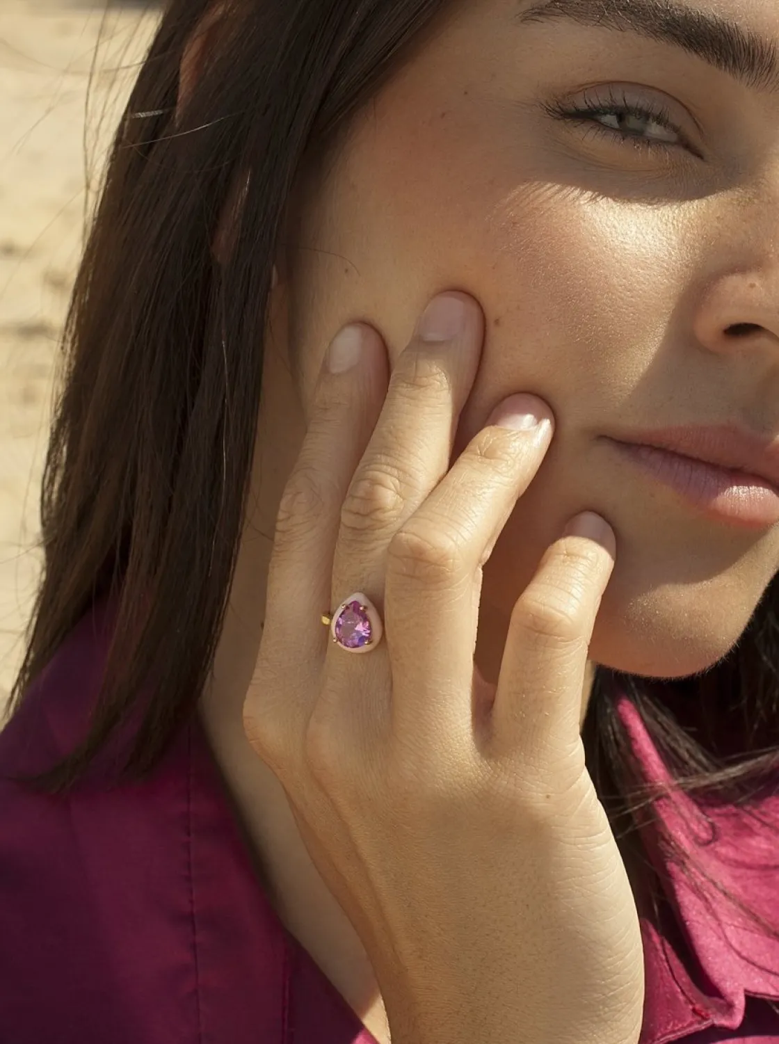 Anillos Con Piedras | LINEARGENT Anillos con piedras diseño de gota con esmalte rosa