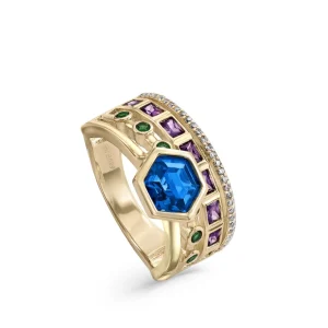 Anillos Dorados | Anillos Con Piedras | LINEARGENT Anillos con piedras motivo central exagonal tono azul