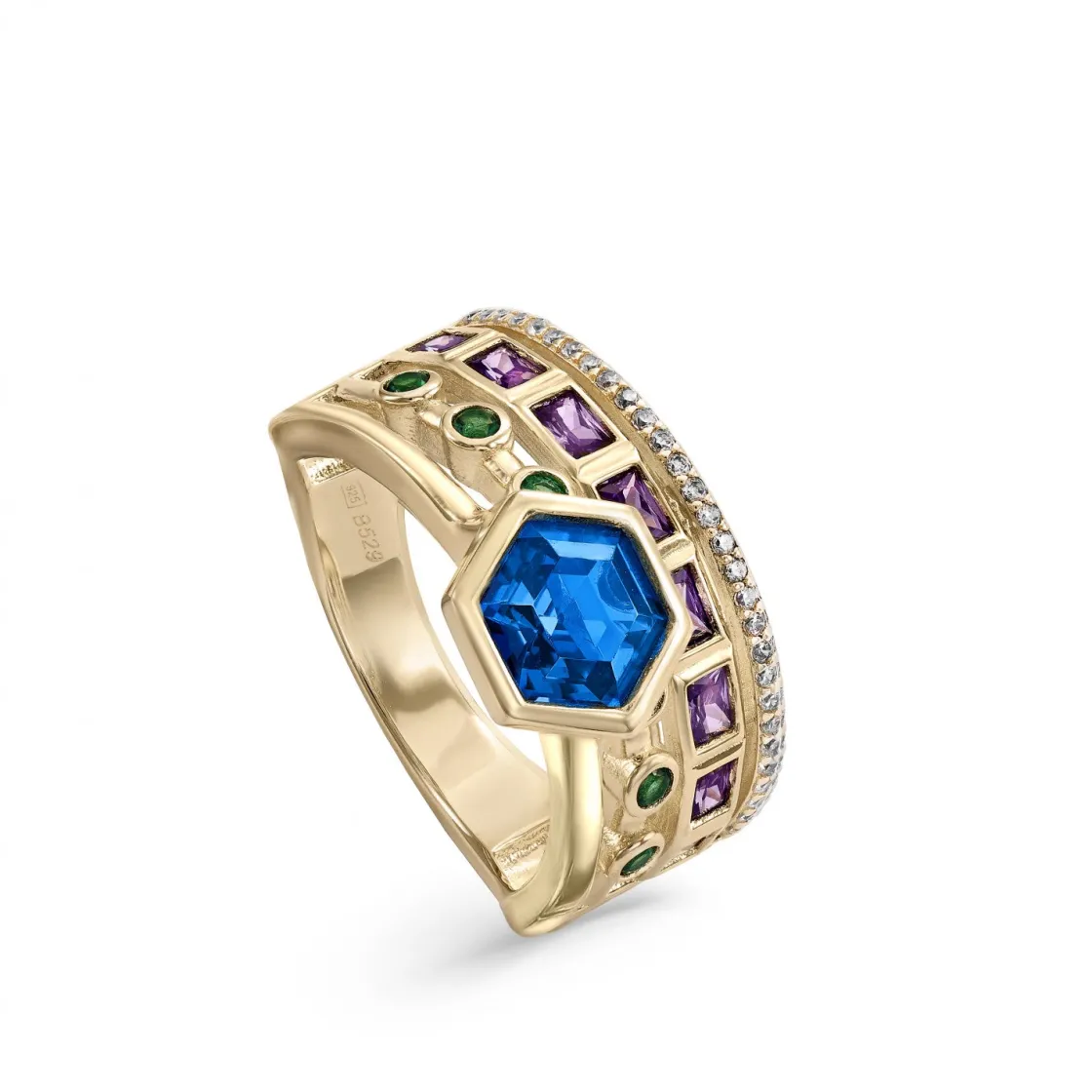 Anillos Dorados | Anillos Con Piedras | LINEARGENT Anillos con piedras motivo central exagonal tono azul