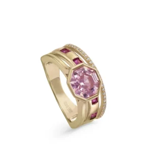 Anillos Dorados | Anillos Con Piedras | LINEARGENT Anillos con piedras motivo exagonal central en tono rosado