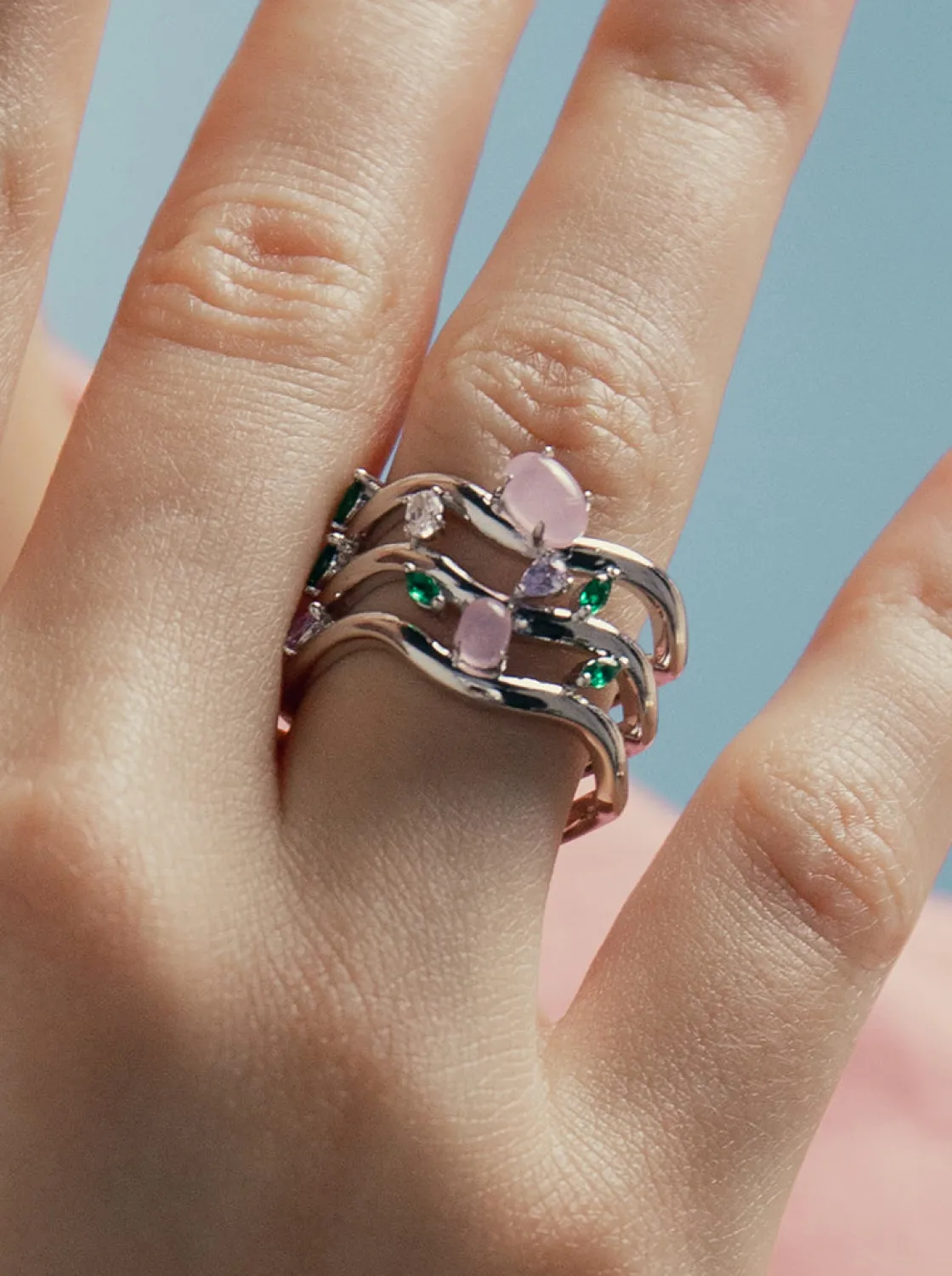 Anillos Con Piedras | LINEARGENT Anillos de diseño con tres carriles irregular con gemas