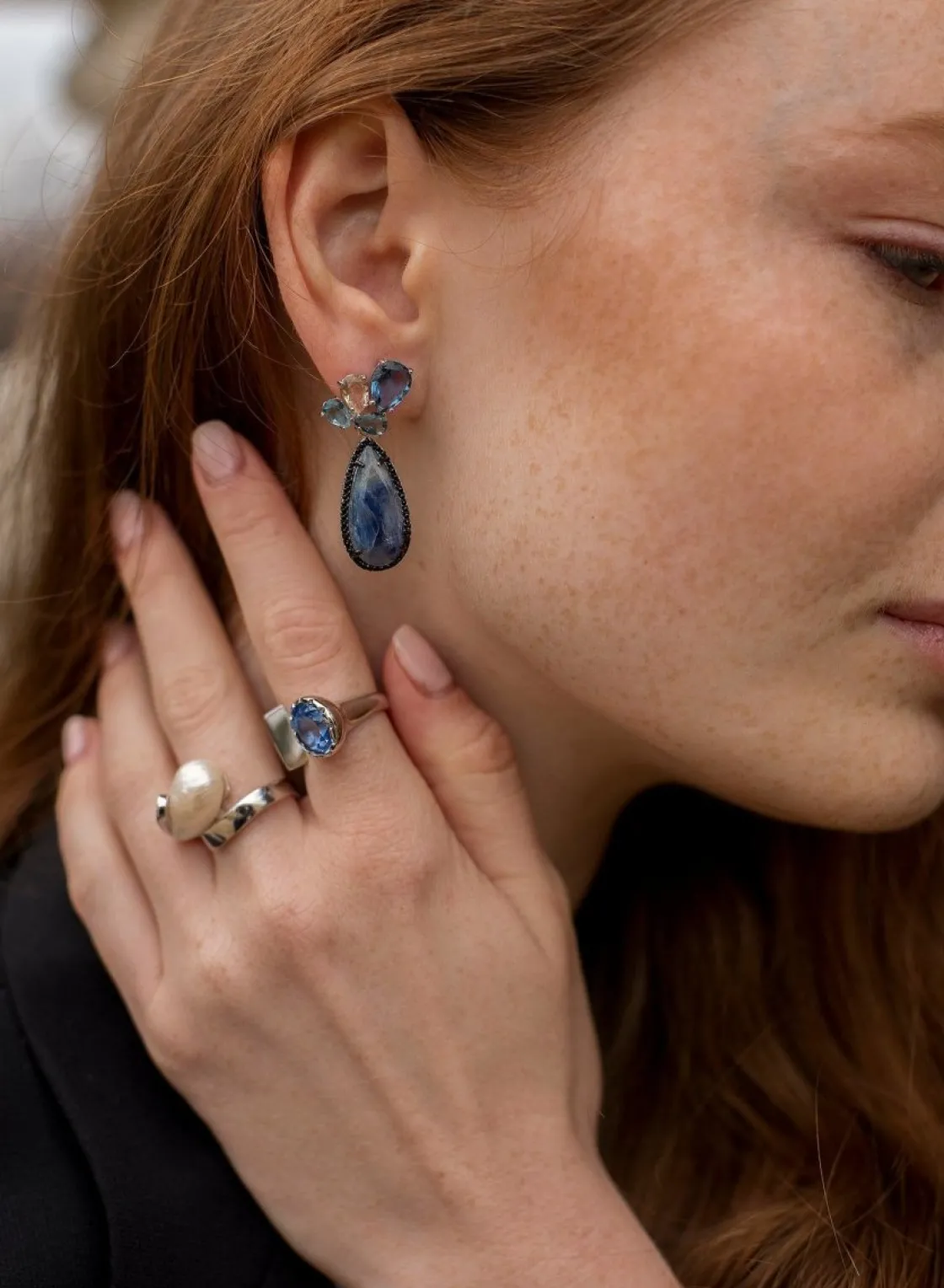 Anillos Con Piedras | Anillos Grandes | LINEARGENT Anillos grandes diseño abierto con piedra en tono azul
