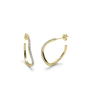Pendientes Pequeños | Pendientes Aro | LINEARGENT Aros dorados diseño curvilíneo con carril de circonitas