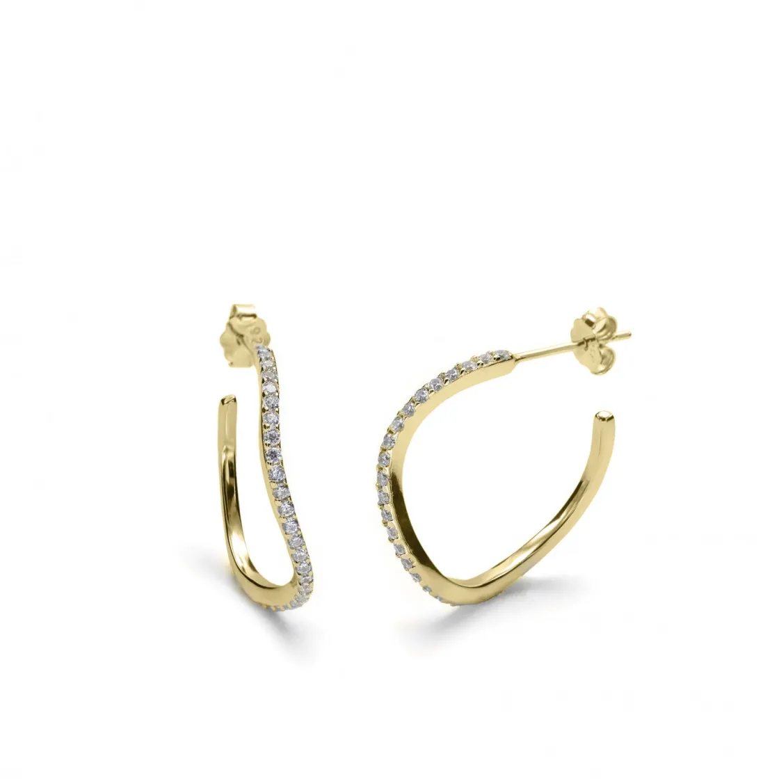 Pendientes Pequeños | Pendientes Aro | LINEARGENT Aros dorados diseño curvilíneo con carril de circonitas