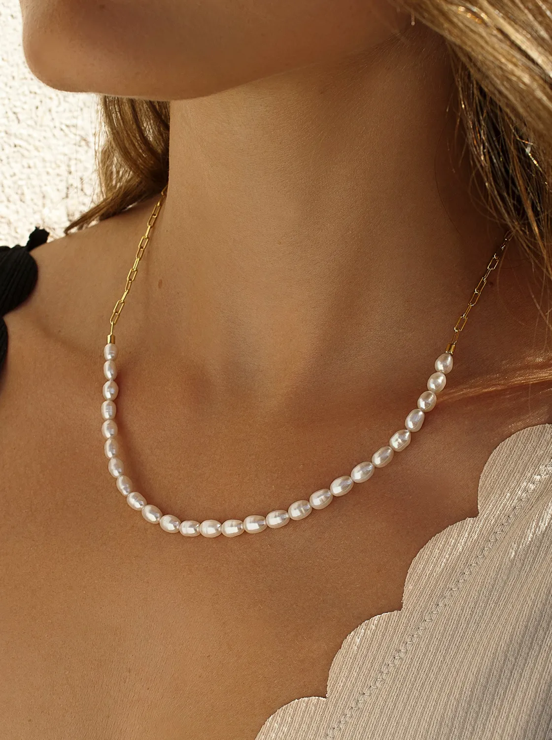 Colgante Perlas | Collares Cortos | LINEARGENT Colgante perlas diseño combinado de cadena paper clip