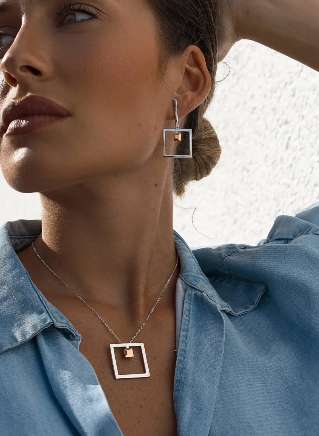 Colgantes Bicolor | Colgantes Plata Grandes | LINEARGENT Colgantes bicolor de plata lisa diseño cuadrado