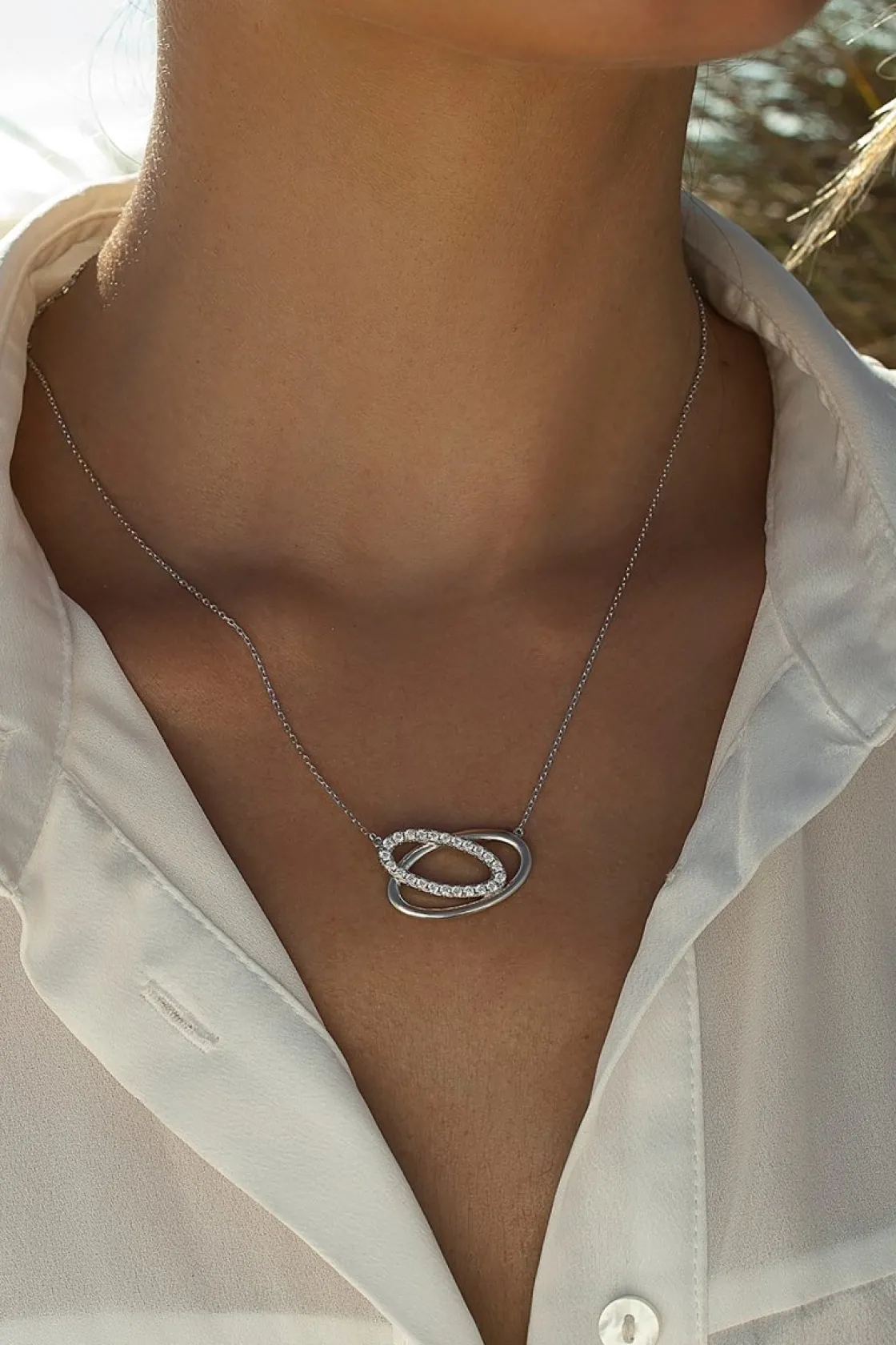 Colgantes Pequeños | Colgante Brillante | LINEARGENT Colgantes plata originales diseño doble óvalo con circonitas