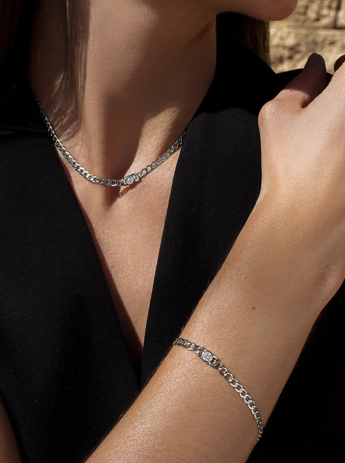 Collares Cortos | LINEARGENT Collar cadena de plata diseño eslabones con circonita