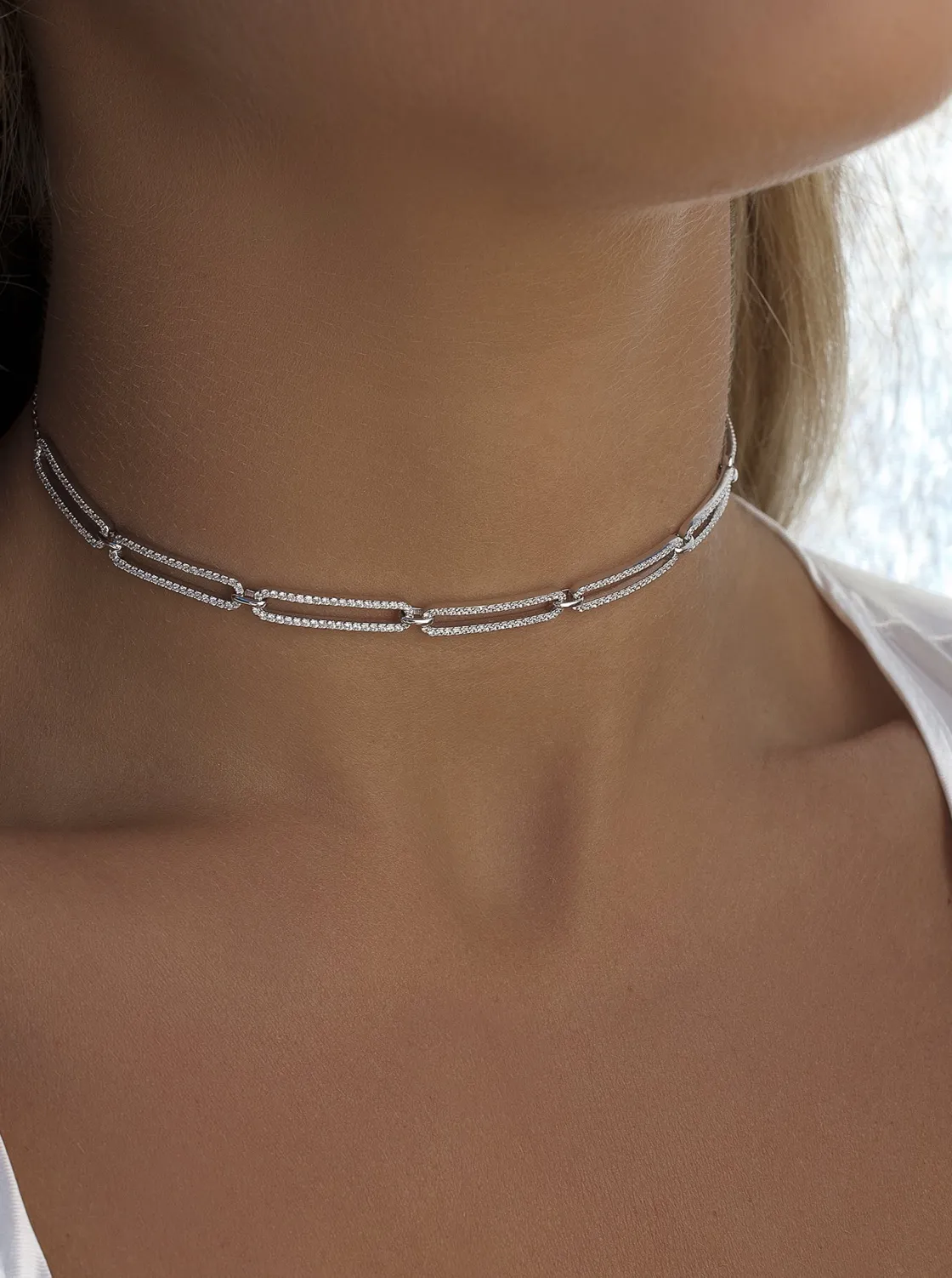 Collar Cadena | Collares Cortos | LINEARGENT Collar cadena de plata diseño rectangular y circonitas