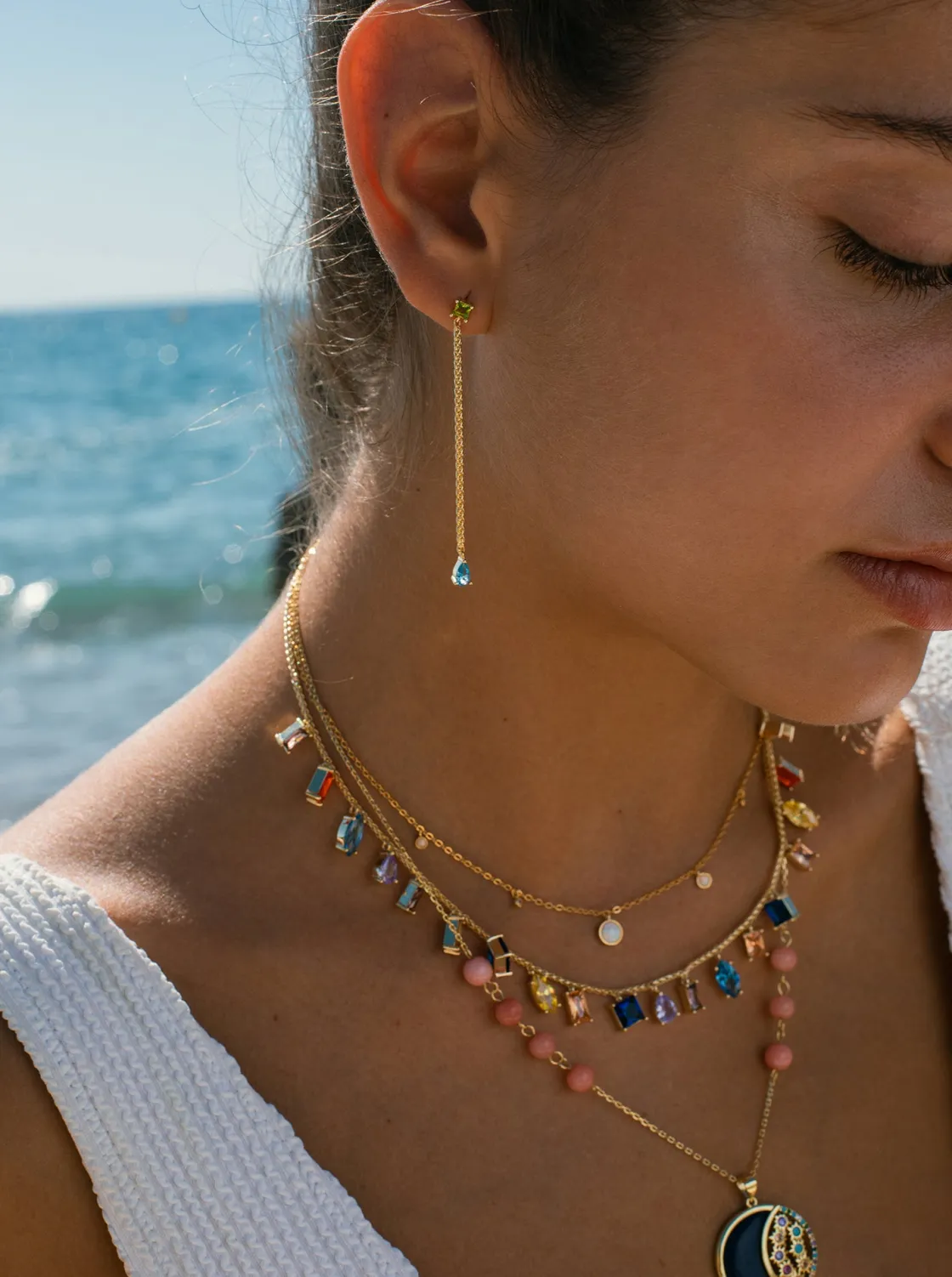 Collar Medalla | LINEARGENT Collar medalla de plata con motivo de noche de brillantes piedras semipreciosas y esmalte