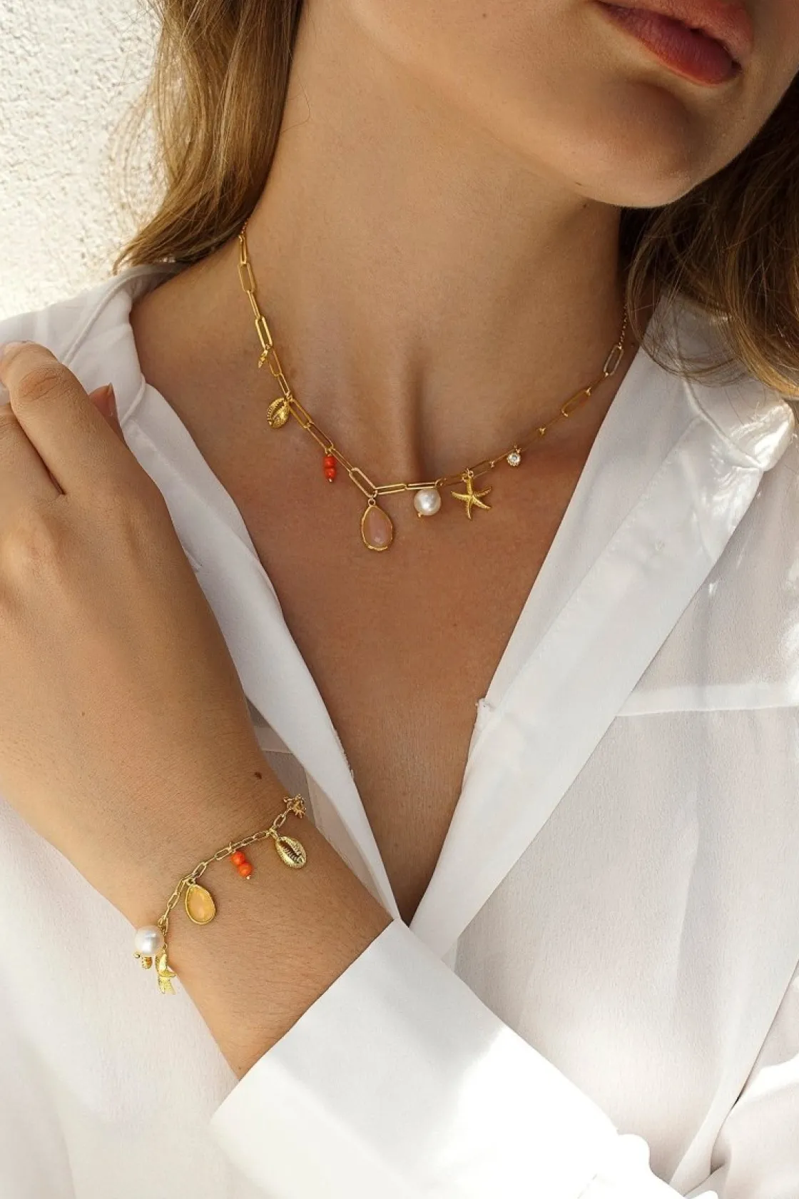 Collares Con Mini Colgantes | LINEARGENT Collares con colgantes de plata con motivo marino rose quartz y coral