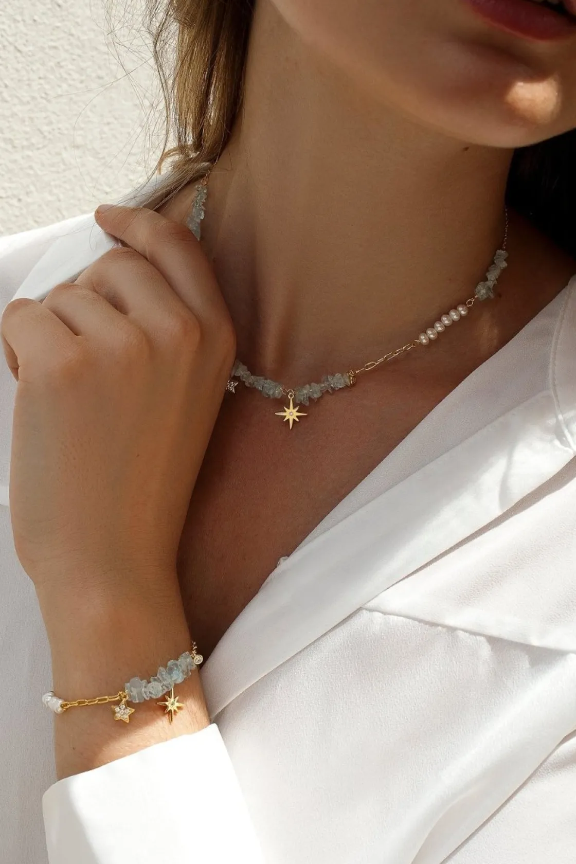 Collares Con Piedras | LINEARGENT Collares con piedras de plata diseño colgante de estrella y perla