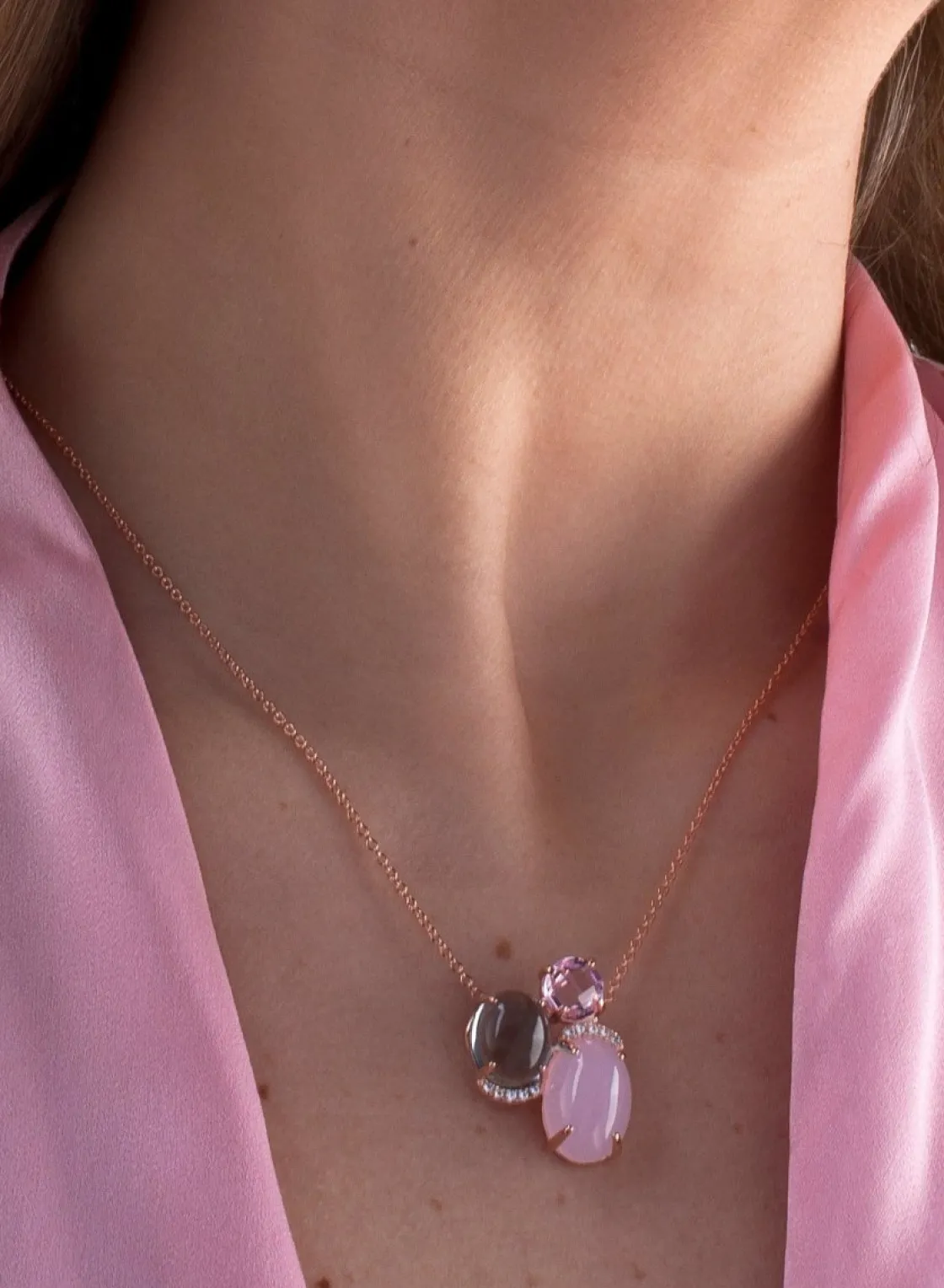 Collares Con Piedras | LINEARGENT Collares con piedras de plata lisa baño rosa triple motivo rosa