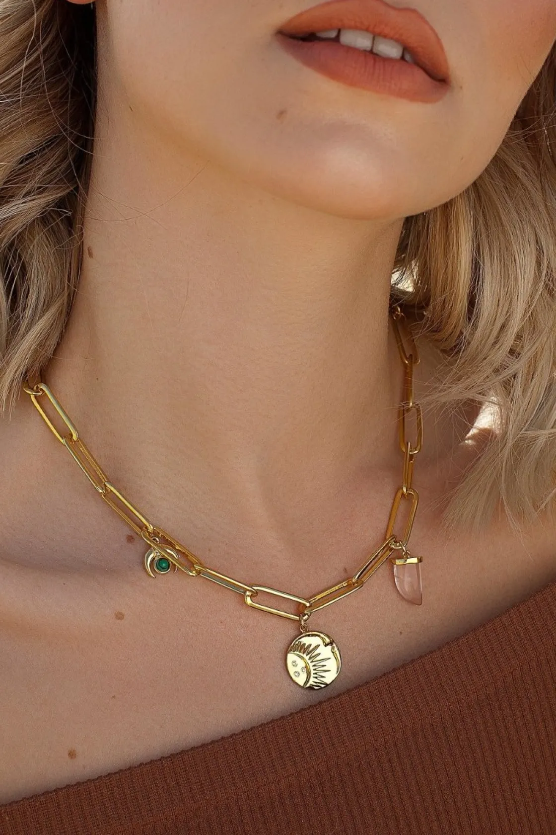 Collares Con Mini Colgantes | Collar Cadena | LINEARGENT Collares cortos de plata dorado medalla colgante