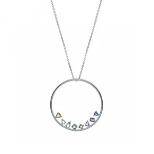 Colgantes Plata Grandes | LINEARGENT Collares de plata grandes circular con gemas disposición inferior multicolor