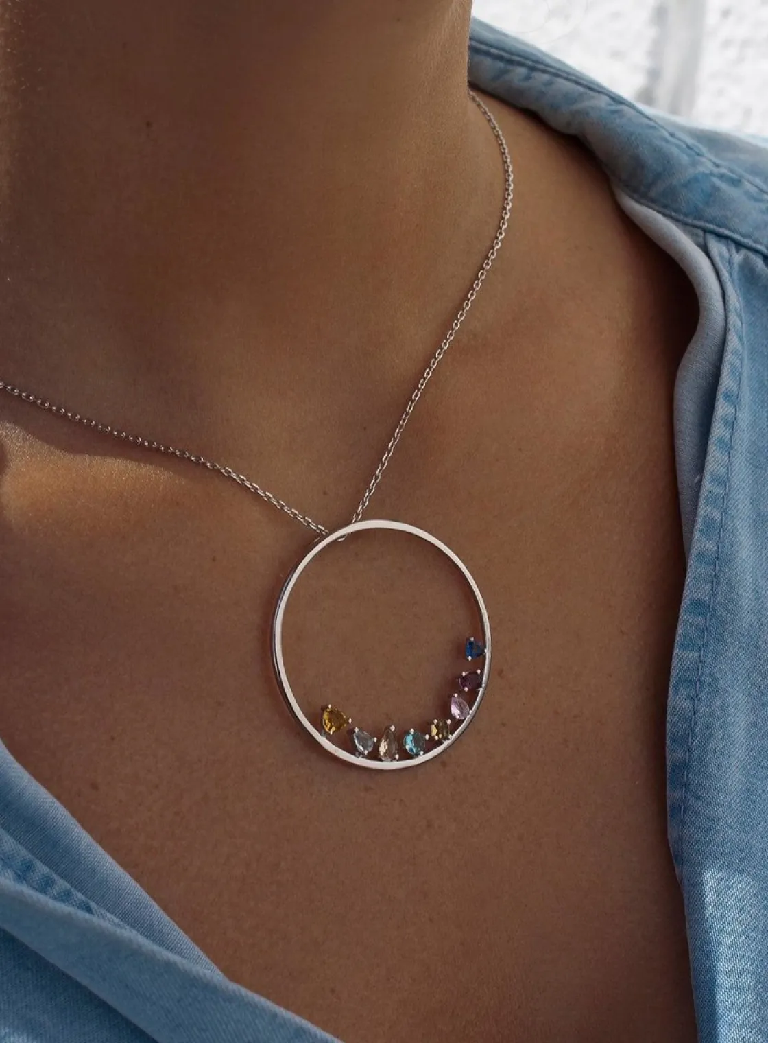 Colgantes Plata Grandes | LINEARGENT Collares de plata grandes circular con gemas disposición inferior multicolor