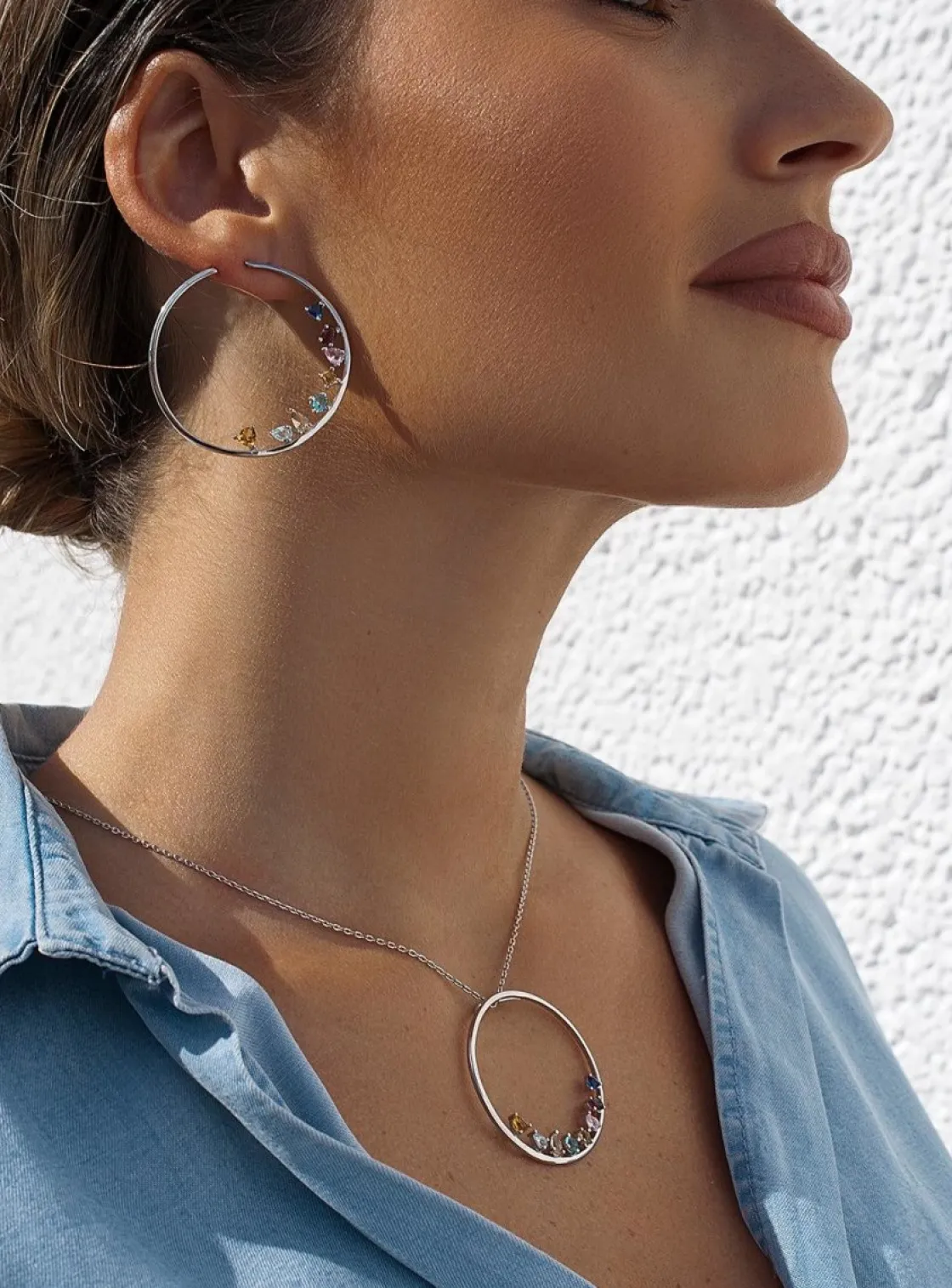 Colgantes Plata Grandes | LINEARGENT Collares de plata grandes circular con gemas disposición inferior multicolor