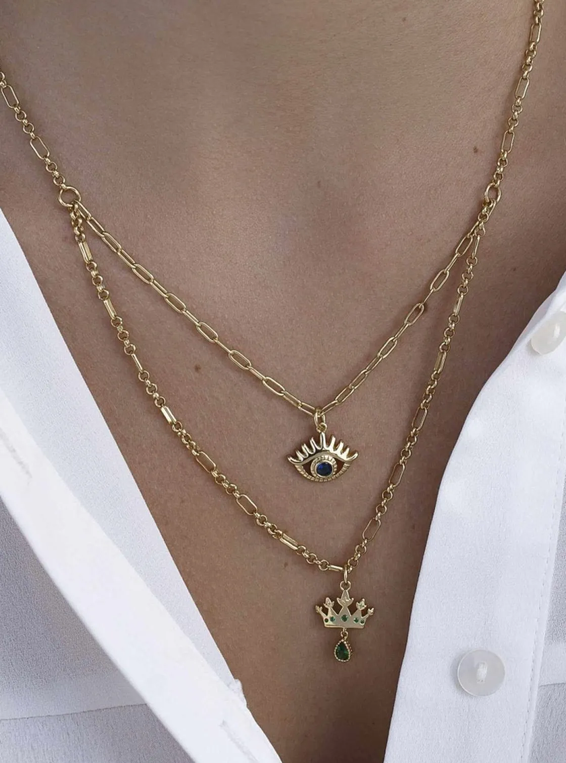 Collares Dobles | Collar Cadena | LINEARGENT Collares dobles con charm de ojo y corona