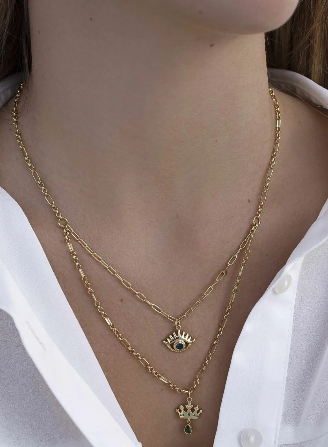 Collares Dobles | Collar Cadena | LINEARGENT Collares dobles con charm de ojo y corona