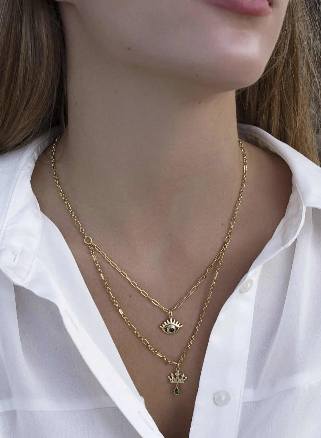 Collares Dobles | Collar Cadena | LINEARGENT Collares dobles con charm de ojo y corona