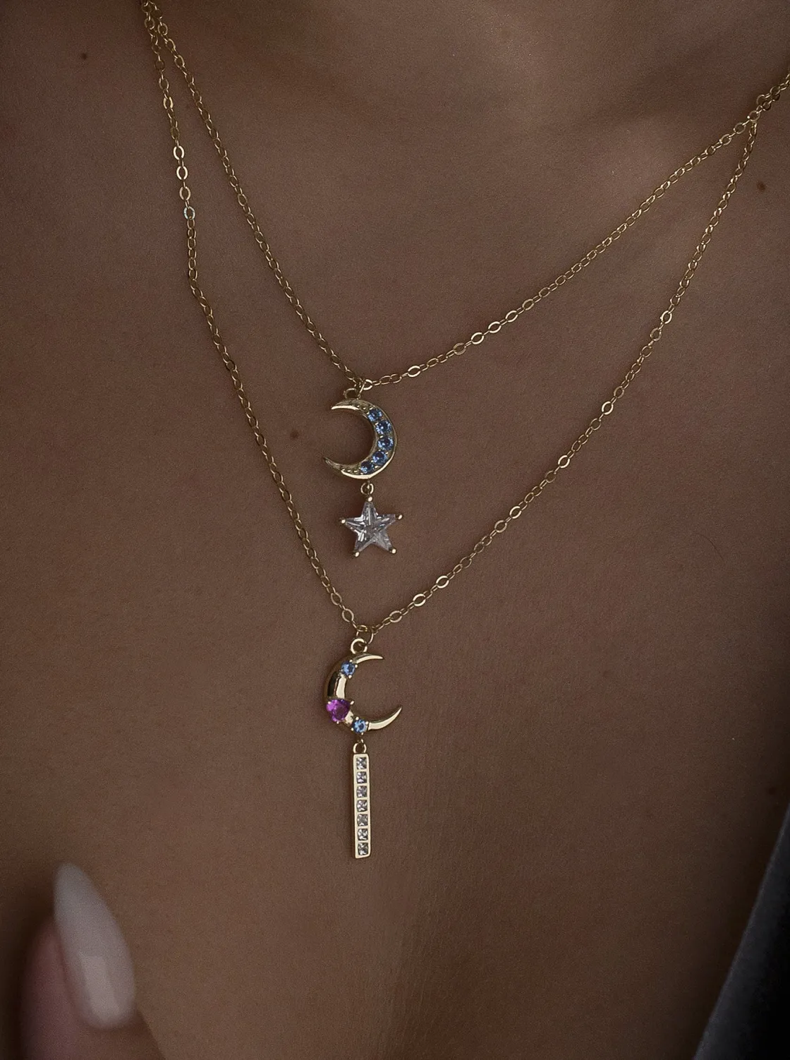 Collares Dobles | LINEARGENT Collares dobles de plata bañada en oro diseño lunar