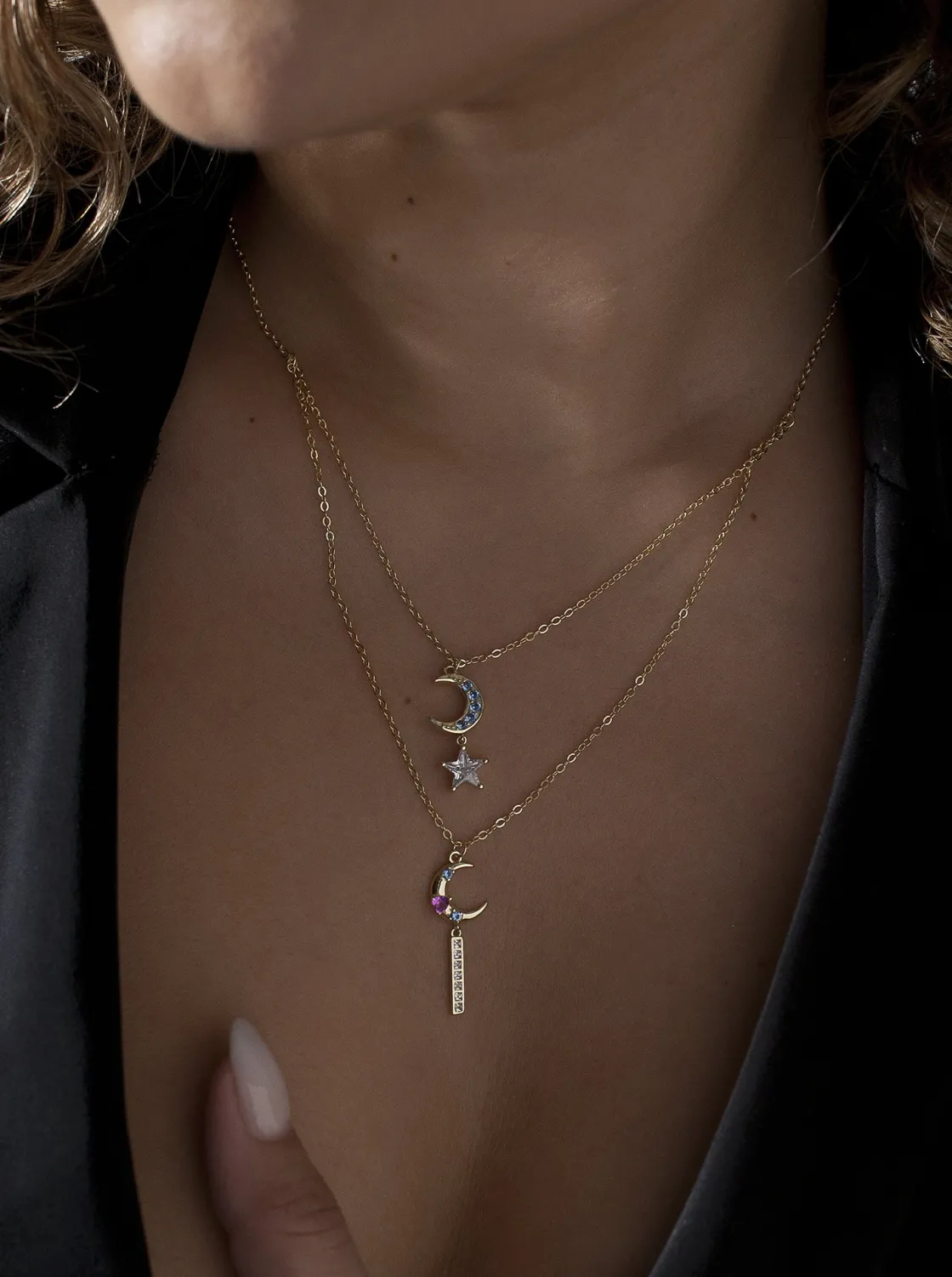 Collares Dobles | LINEARGENT Collares dobles de plata bañada en oro diseño lunar