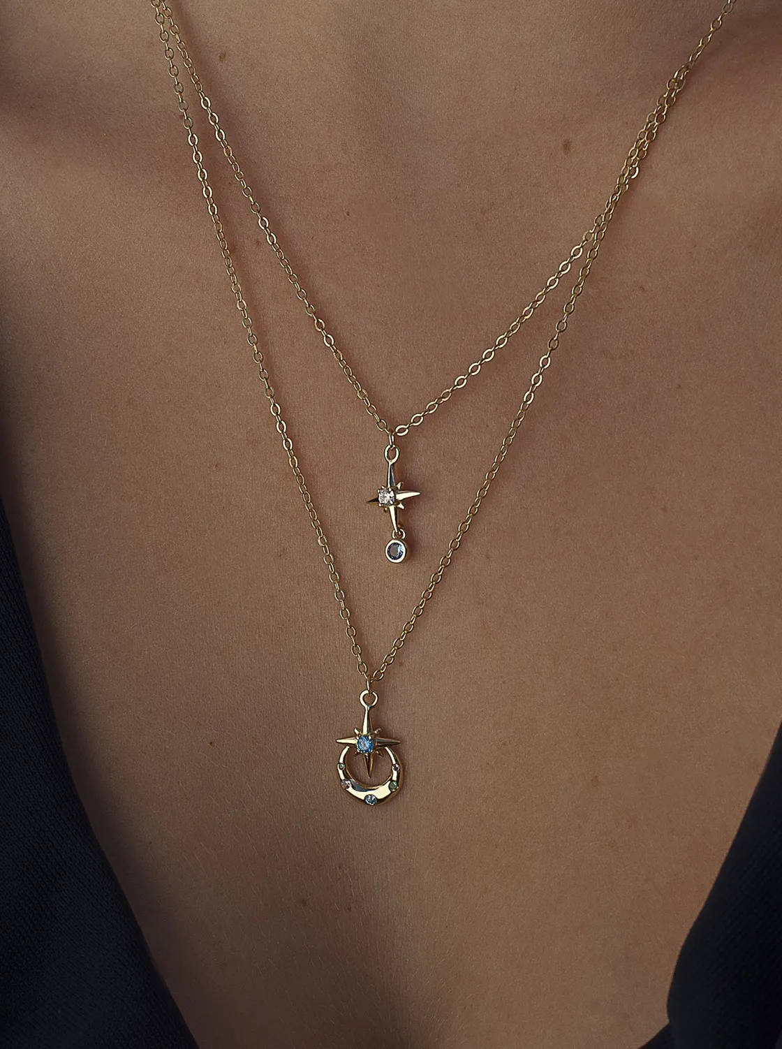 Collares Dobles | LINEARGENT Collares dobles de plata bañada en oro diseño universo