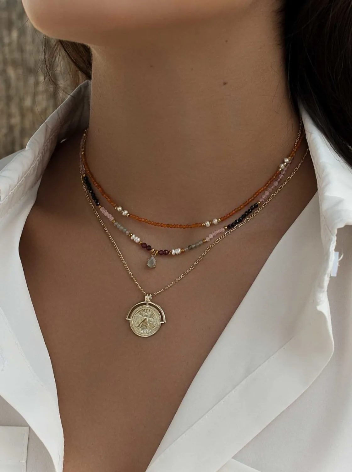 Collares Dobles | LINEARGENT Collares dobles diseño de abalorios motivo central de cuarzo