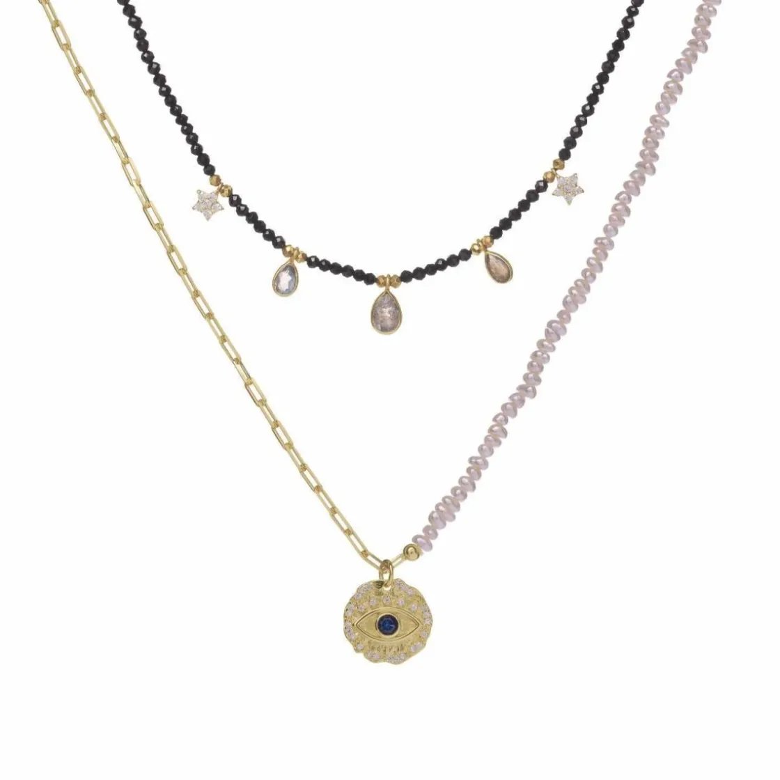 Collares Dobles | Collar Medalla | LINEARGENT Collares dobles diseño de bolas perlas y medalla