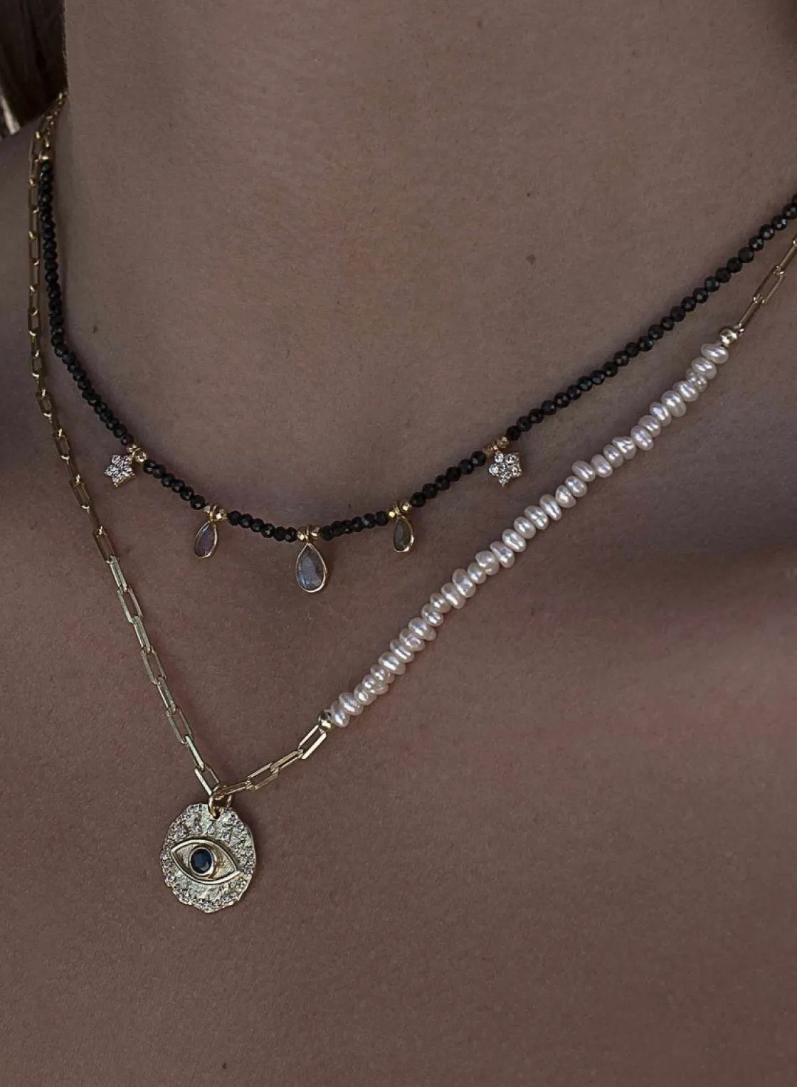 Collares Dobles | Collar Medalla | LINEARGENT Collares dobles diseño de bolas perlas y medalla