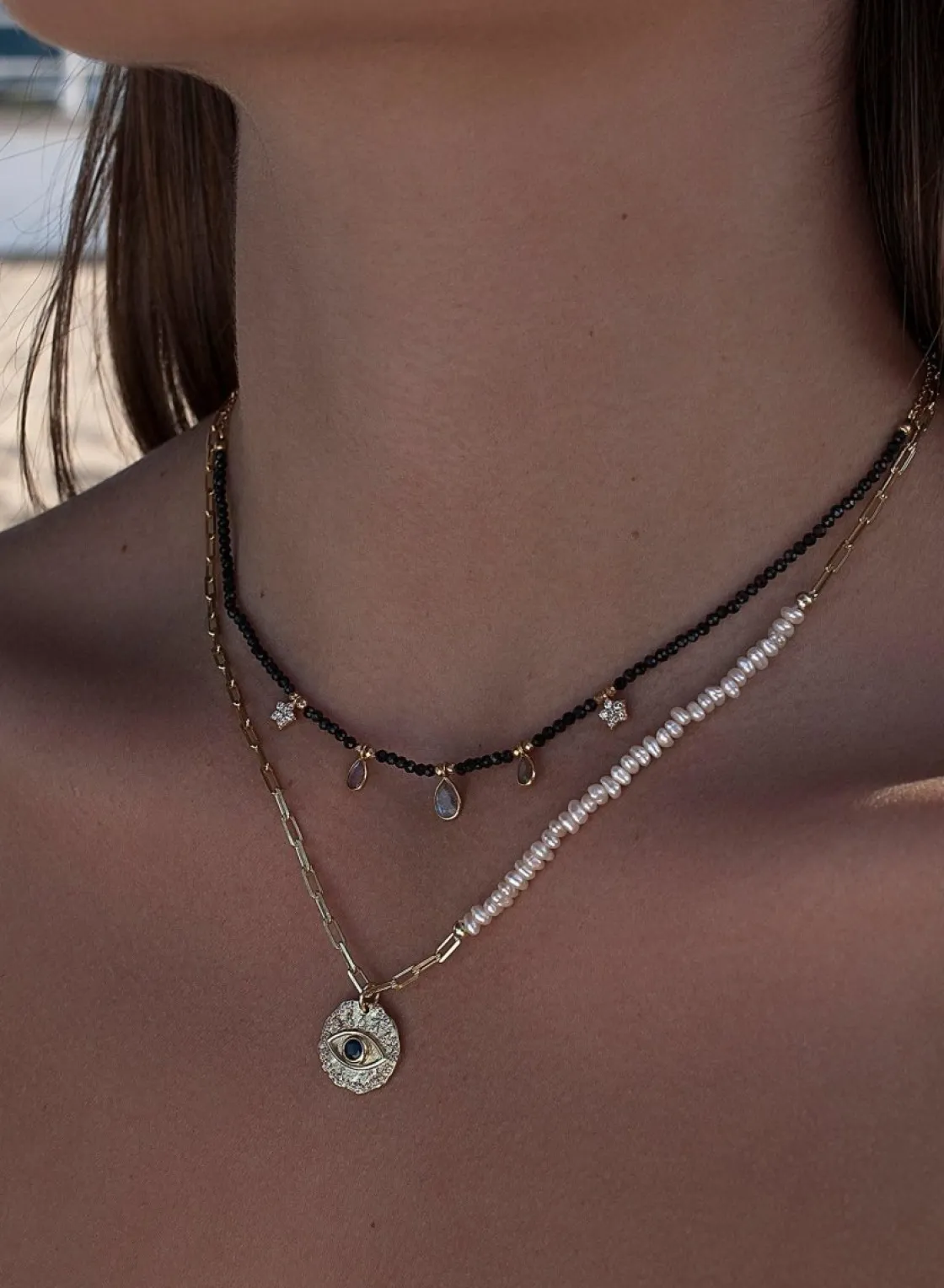 Collares Dobles | Collar Medalla | LINEARGENT Collares dobles diseño de bolas perlas y medalla