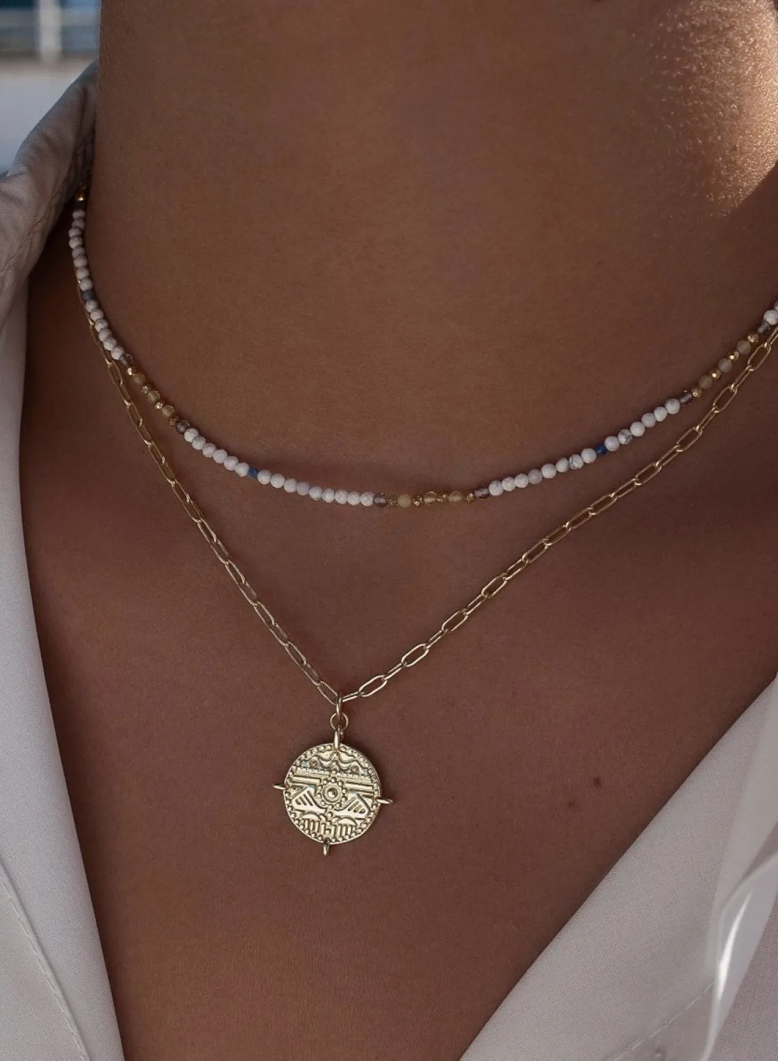 Collar Medalla | LINEARGENT Collares dobles diseño de medalla y cadena paper clip