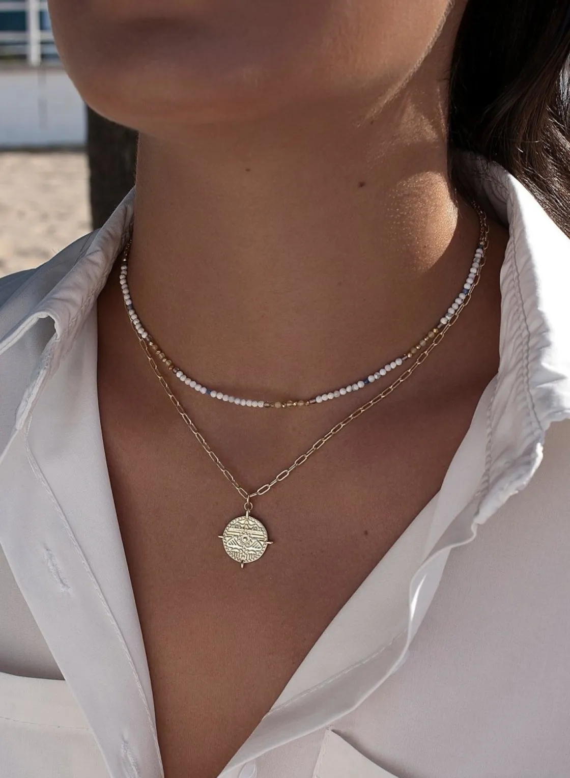 Collar Medalla | LINEARGENT Collares dobles diseño de medalla y cadena paper clip