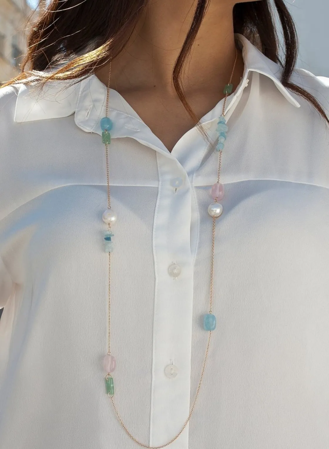 Collares Con Piedras | Collares Largos | LINEARGENT Collares largos diseño de gemas de colores con perlas