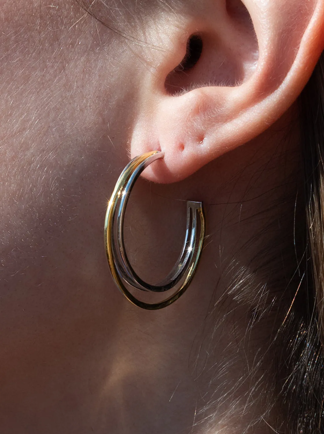 Pendientes Bicolor | Pendientes Aro | LINEARGENT Pendientes aro bicolor con tres railes medida mediana