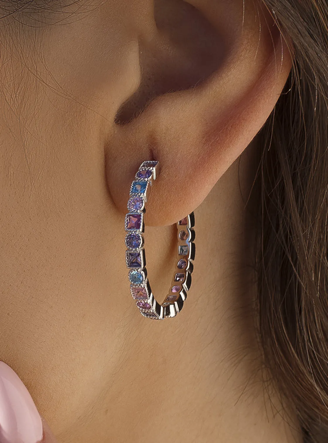 Pendientes De Piedras De Colores | Pendientes Aro | LINEARGENT Pendientes aro con piedras diseño geométrico multicolor