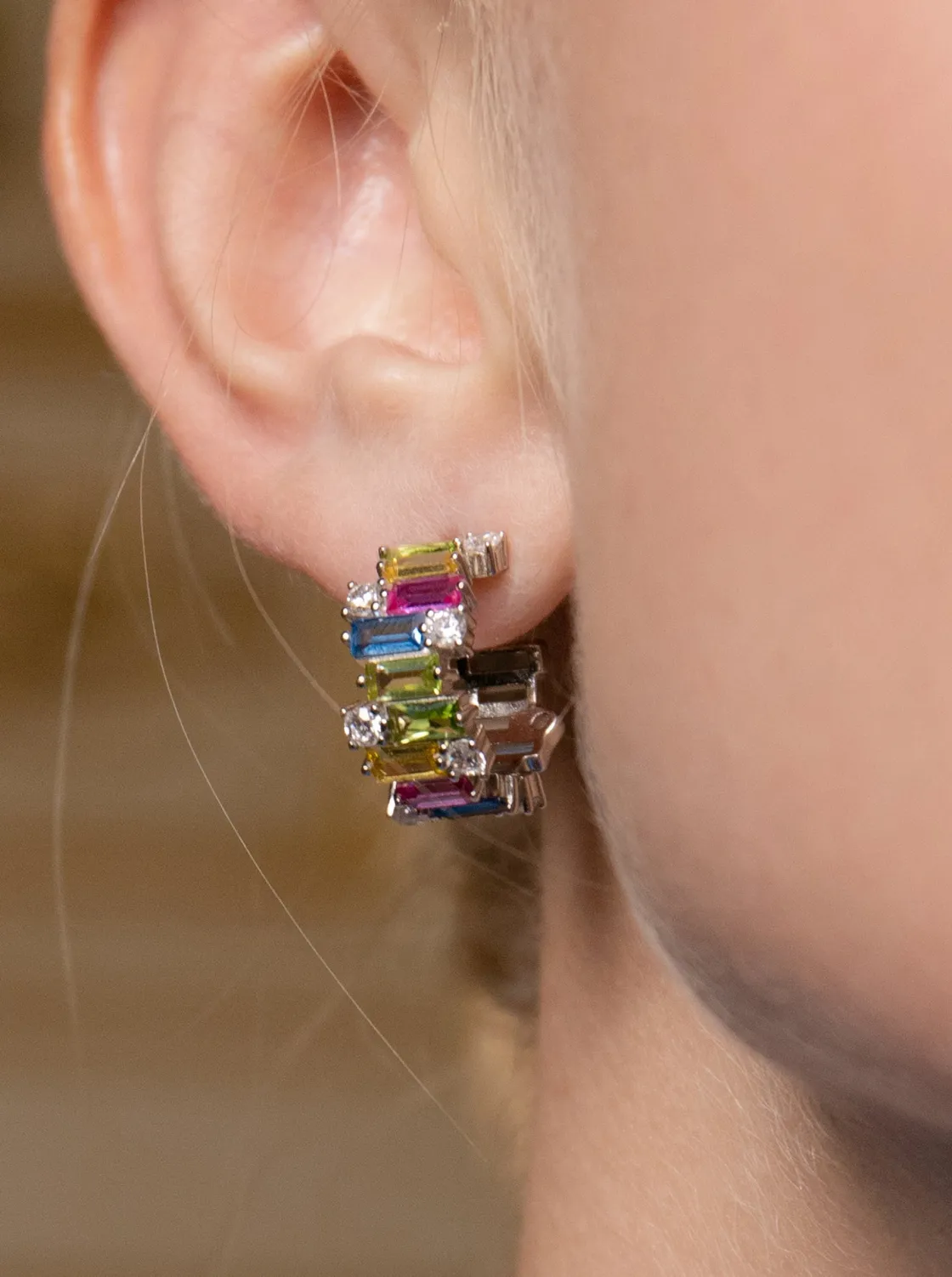 Pendientes De Piedras De Colores | Pendientes Aro | LINEARGENT Pendientes aro de plata con gemas multicolores
